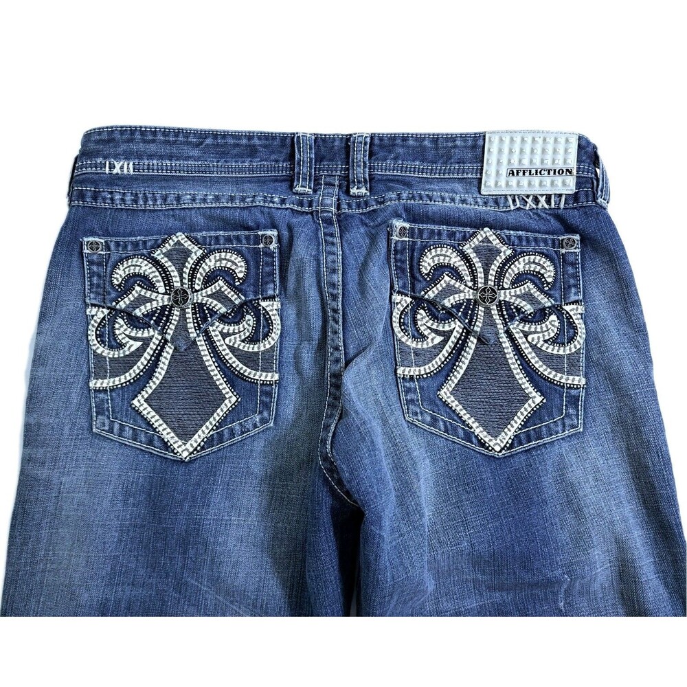 Affliction Cooper Men’s 38 Blue Grunge Embroidered Jeans Cross Denim Pants